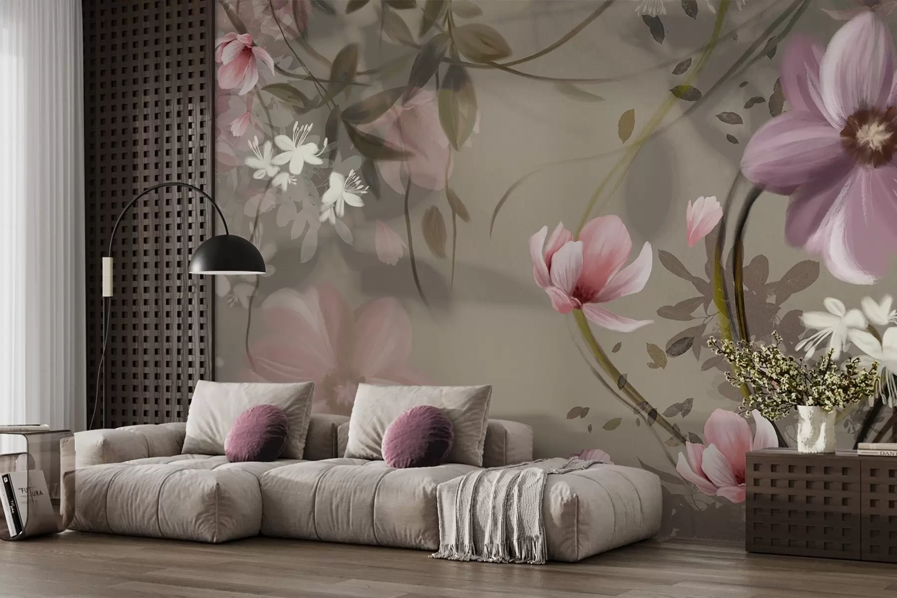 Wall Mural Photo Wallpaper Pink and white flowers with brown stems and leaves, soft lighting, muted colors, floral arrangement w09417