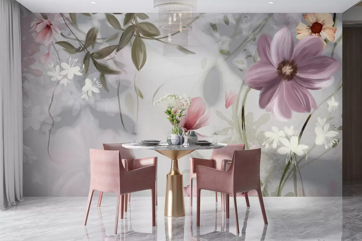 wall murals Pink and white flowers with green stems and leaves, soft lighting, muted colors, floral arrangement w09417v1