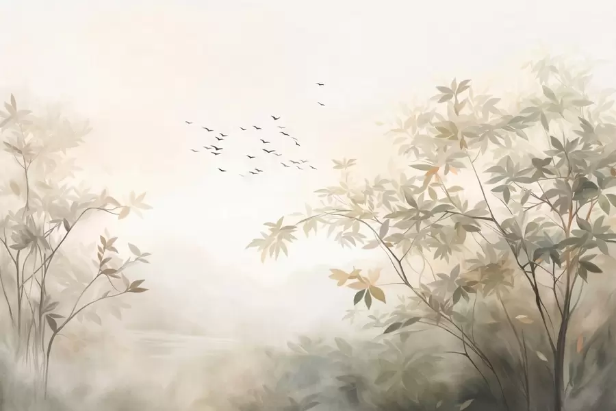 Wall Mural Photo Wallpaper Textured landscape with trees and a flock of birds flying in the sky, pastel colors, nature scene  w09418