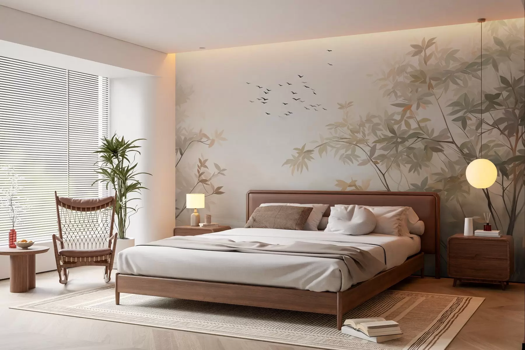 peintures murales Paysage texturé avec des arbres et une volée d'oiseaux volant dans le ciel, couleurs pastel, scène naturelle w09418