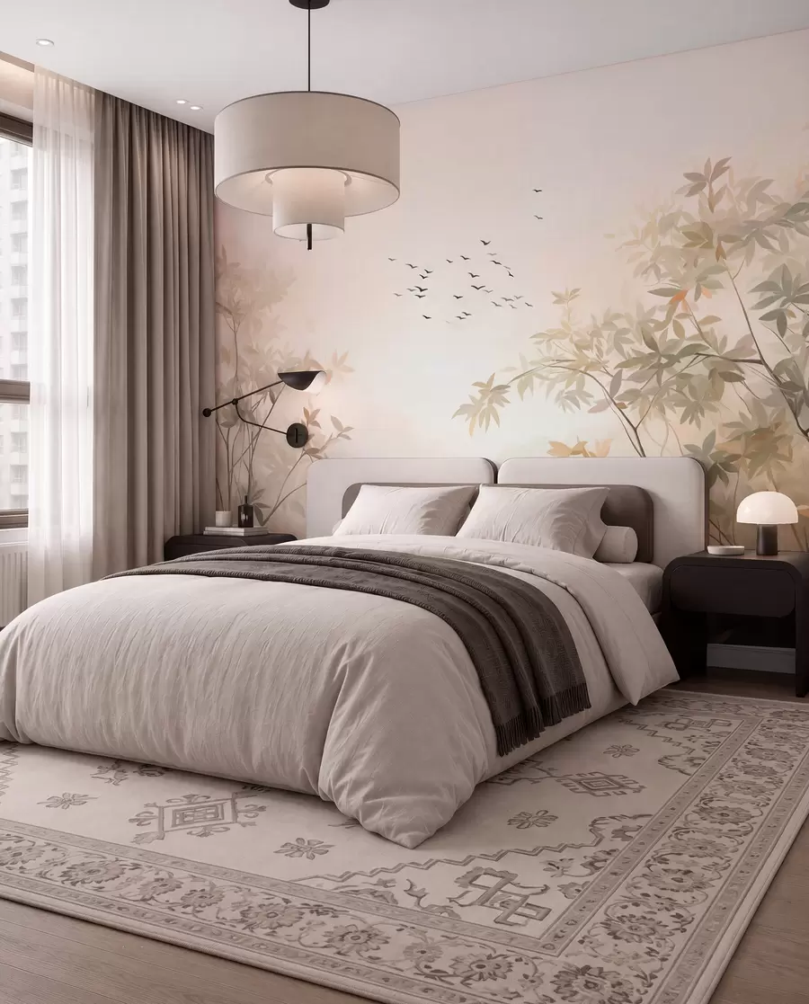 wall murals Textured landscape with trees and a flock of birds flying in the sky, pastel colors, nature scene  w09418