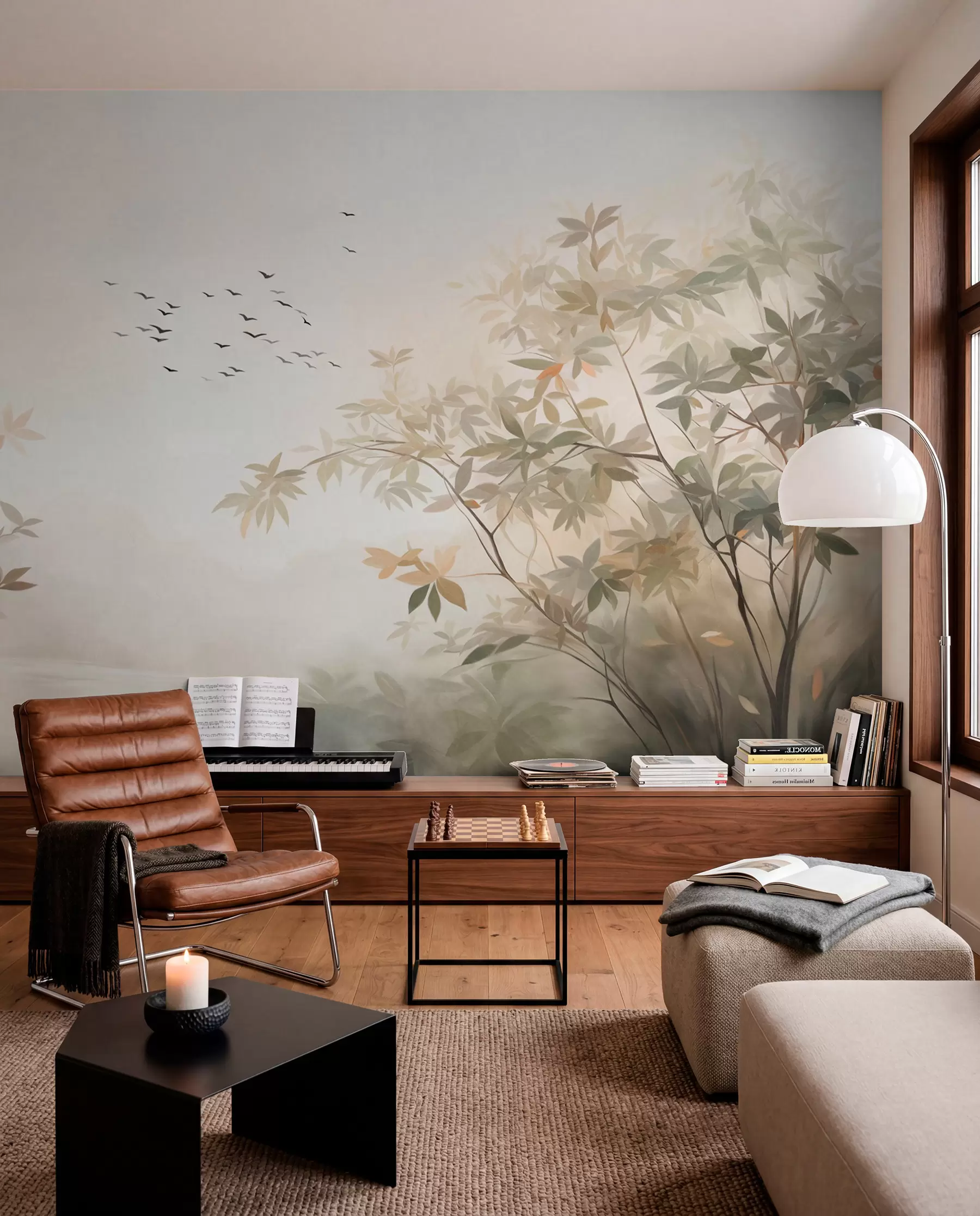 Wall Mural Photo Wallpaper Textured landscape with trees and a flock of birds flying in the sky, pastel colors, nature scene  w09418