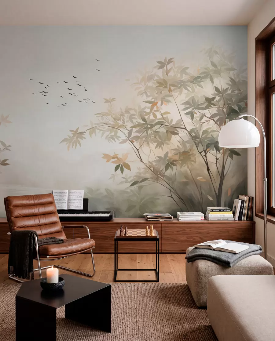 Wall Mural Photo Wallpaper Textured landscape with trees and a flock of birds flying in the sky, pastel colors, nature scene  w09418