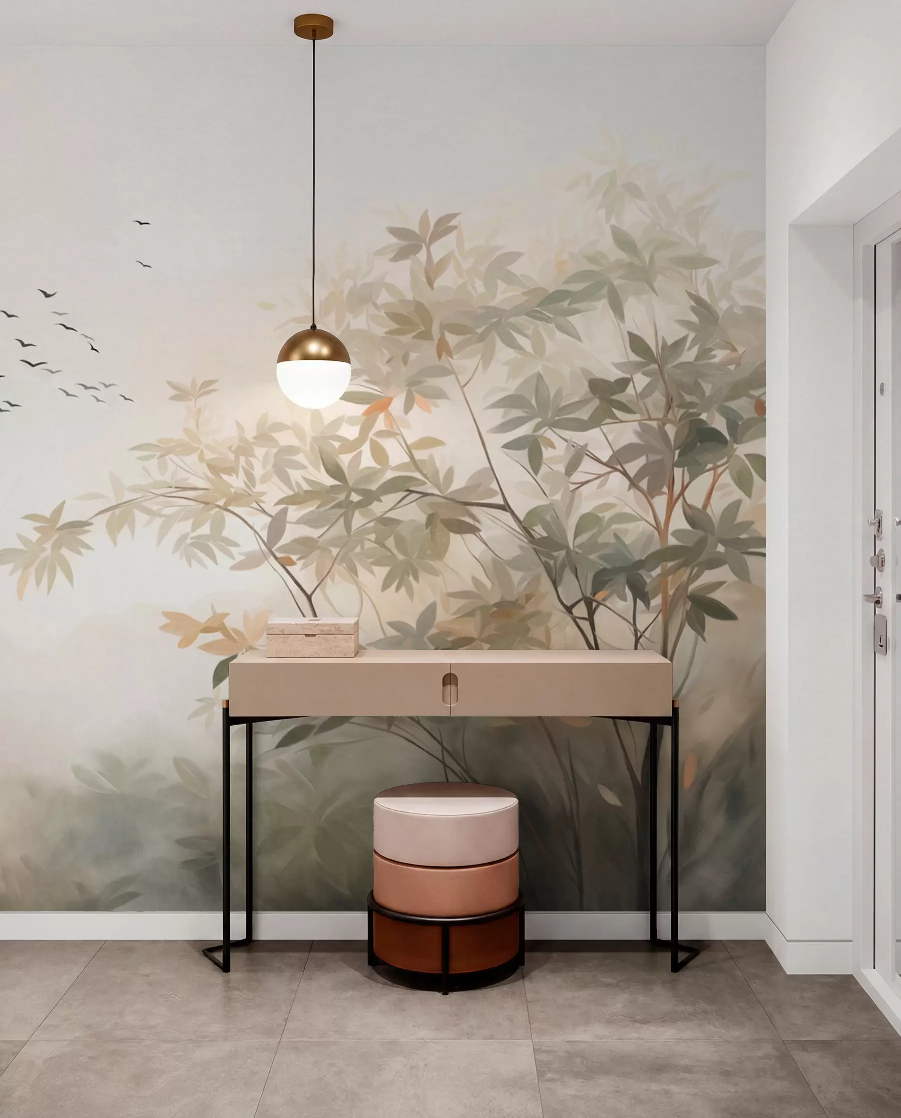 peintures murales Paysage texturé avec des arbres et une volée d'oiseaux volant dans le ciel, couleurs pastel, scène naturelle w09418