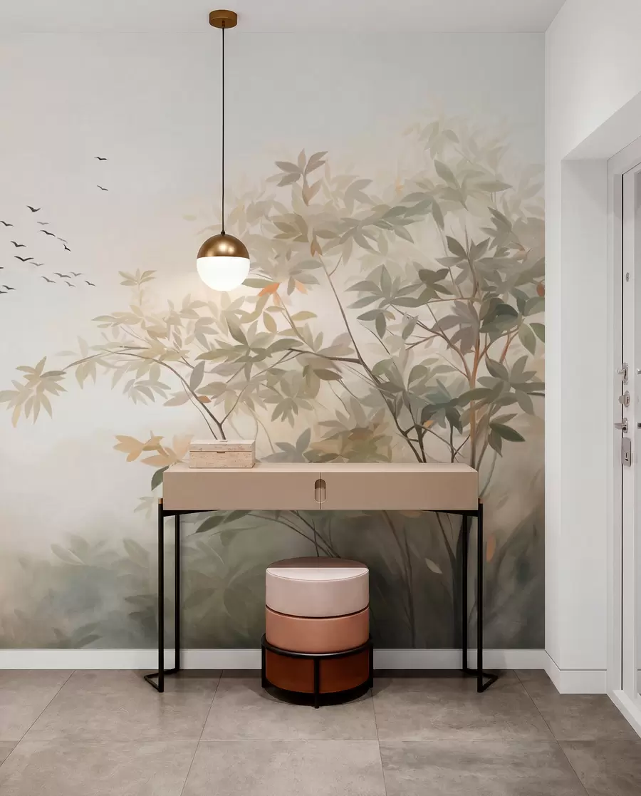 peintures murales Paysage texturé avec des arbres et une volée d'oiseaux volant dans le ciel, couleurs pastel, scène naturelle w09418