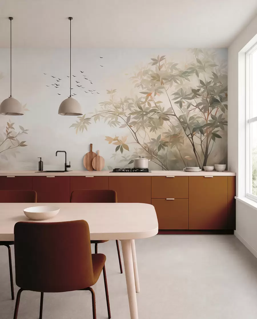 peintures murales Paysage texturé avec des arbres et une volée d'oiseaux volant dans le ciel, couleurs pastel, scène naturelle w09418