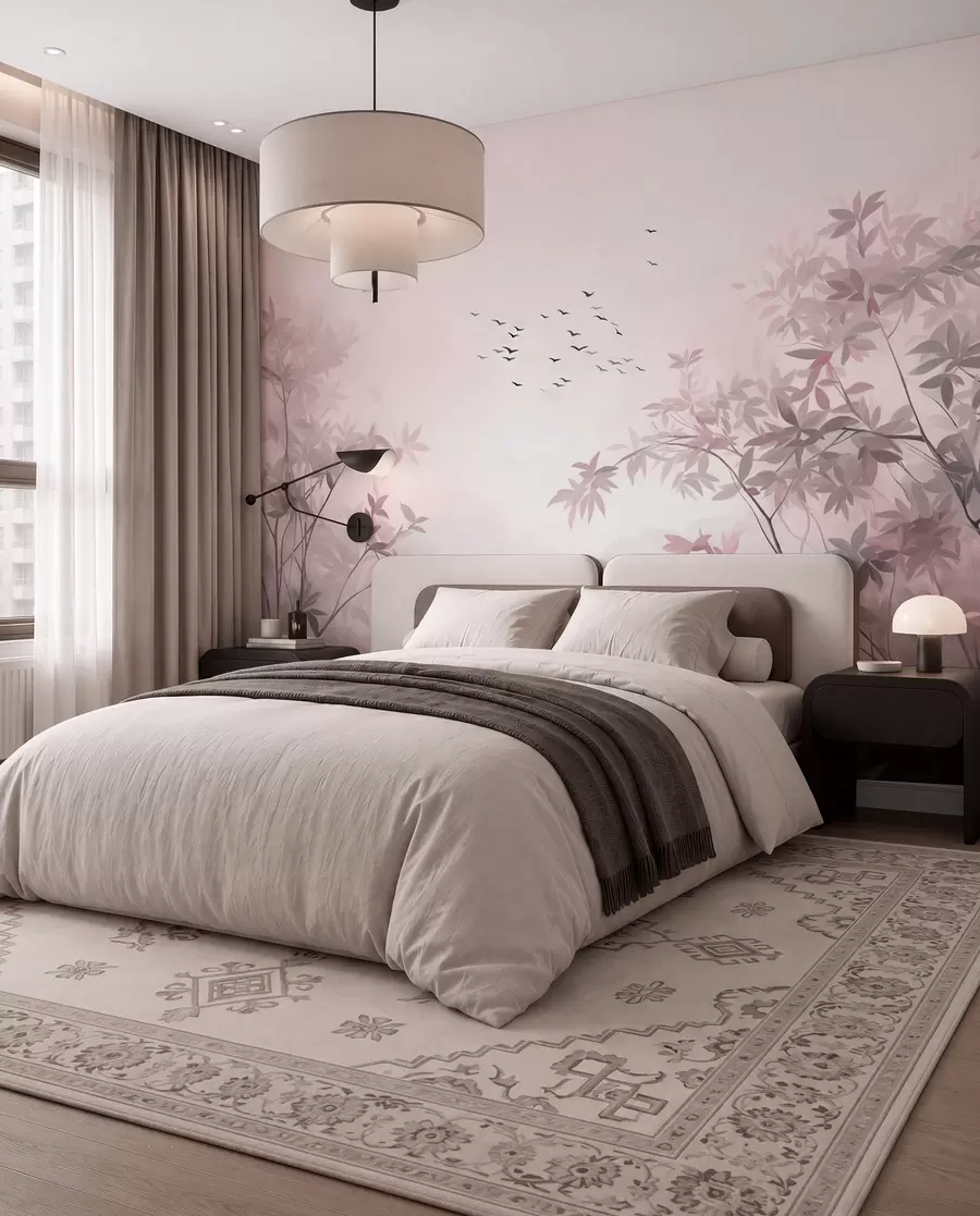 wall murals Textured landscape with trees and a flock of birds flying in the sky, pastel colors, nature scene  w09418v1