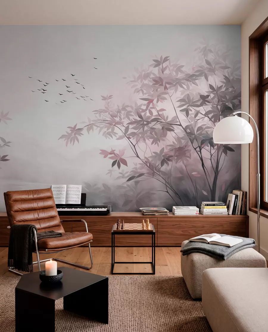 Wall Mural Photo Wallpaper Textured landscape with trees and a flock of birds flying in the sky, pastel colors, nature scene  w09418v1
