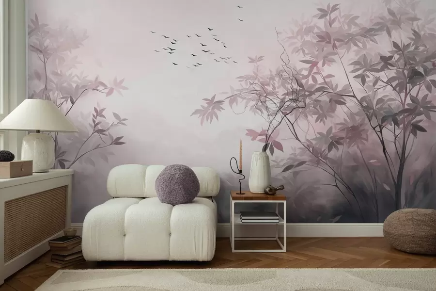 murales Paisaje texturizado con árboles y una bandada de pájaros volando en el cielo, colores pastel, escena natural w09418v1