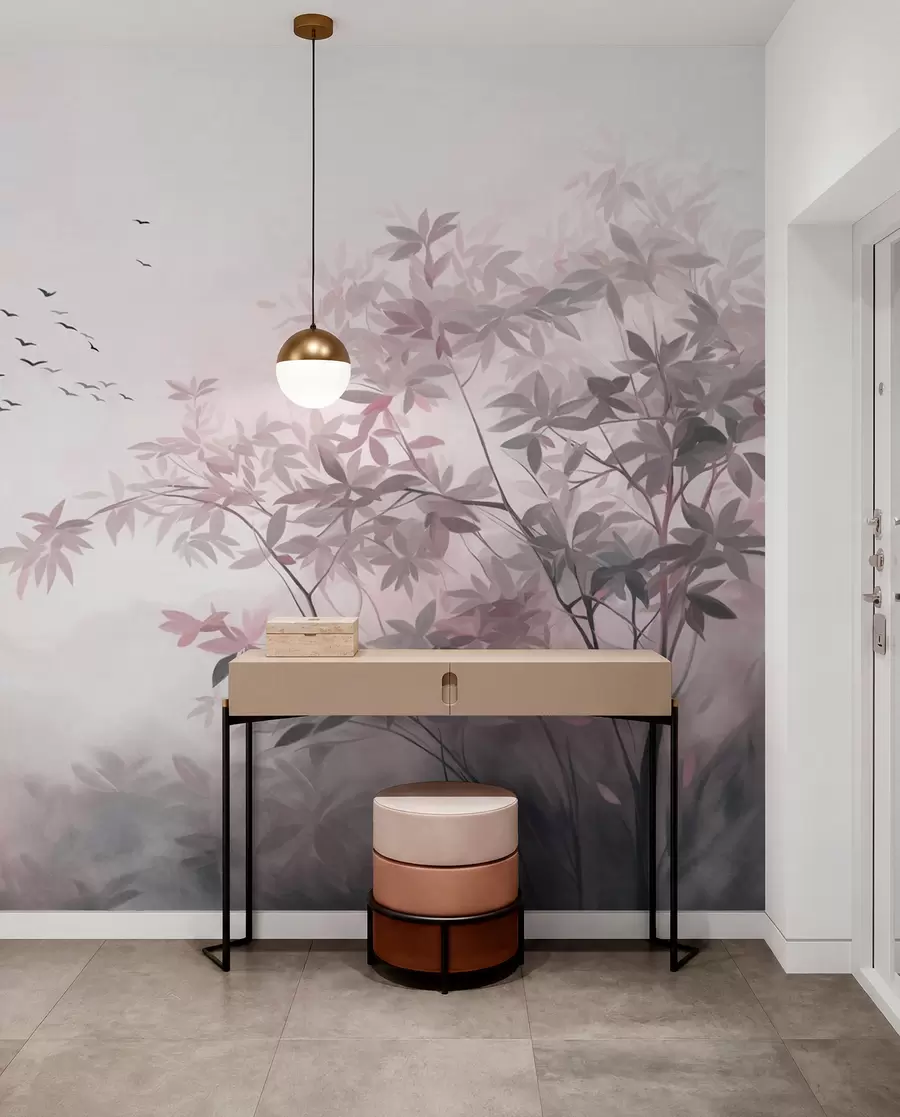 peintures murales Paysage texturé avec des arbres et une volée d'oiseaux volant dans le ciel, couleurs pastel, scène naturelle w09418v1