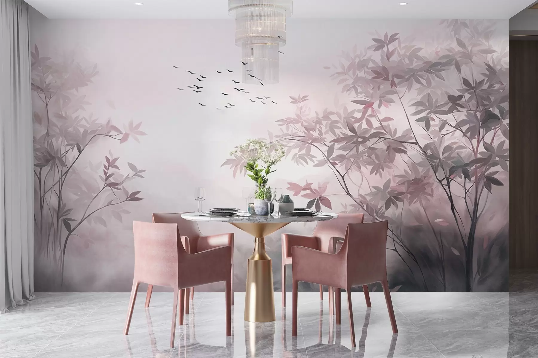 Wall Mural Photo Wallpaper Textured landscape with trees and a flock of birds flying in the sky, pastel colors, nature scene  w09418v1