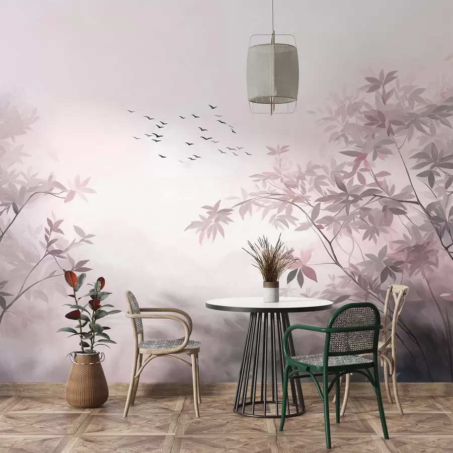 Wall Mural Photo Wallpaper Textured landscape with trees and a flock of birds flying in the sky, pastel colors, nature scene  w09418v1