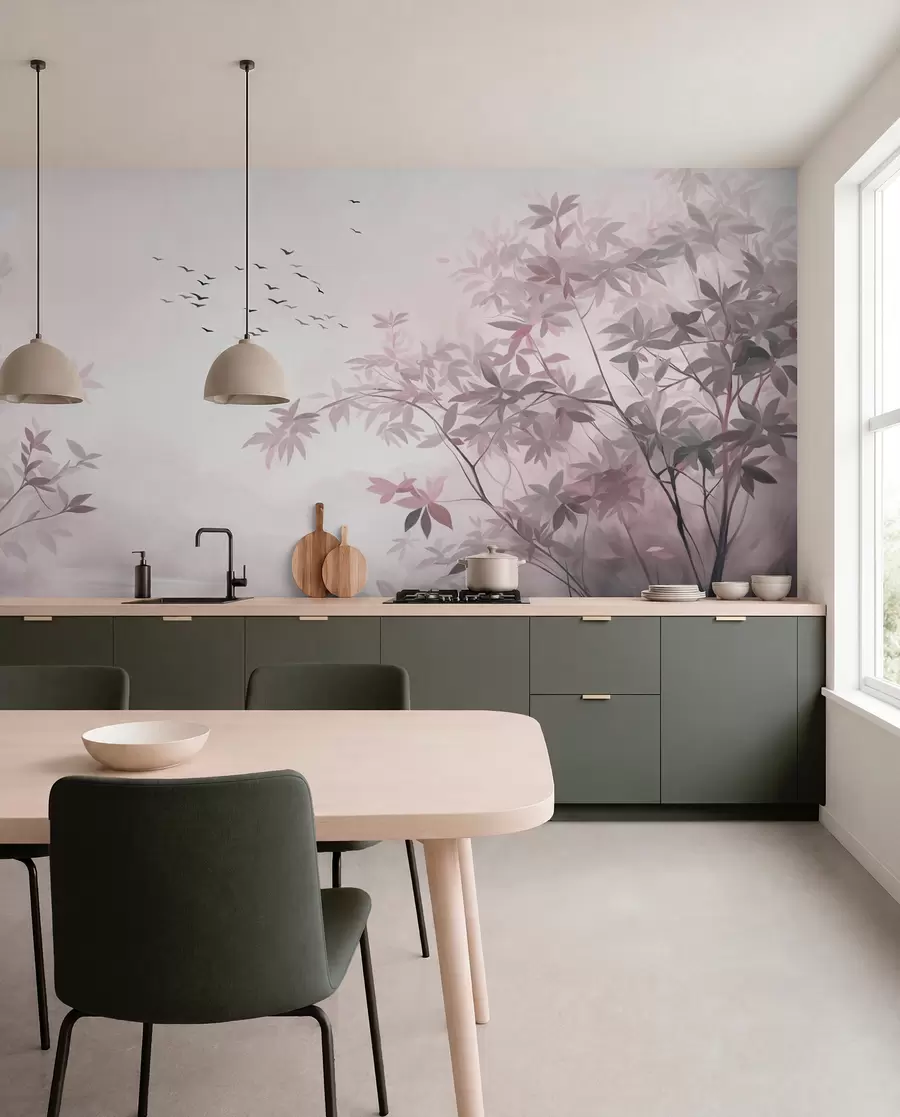 wall murals Textured landscape with trees and a flock of birds flying in the sky, pastel colors, nature scene  w09418v1