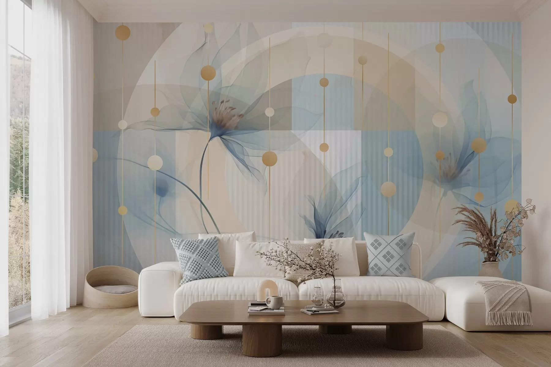 wall murals Abstract translucent flowers, circles and geometric shapes, pastel blue, beige and white color palette w09419