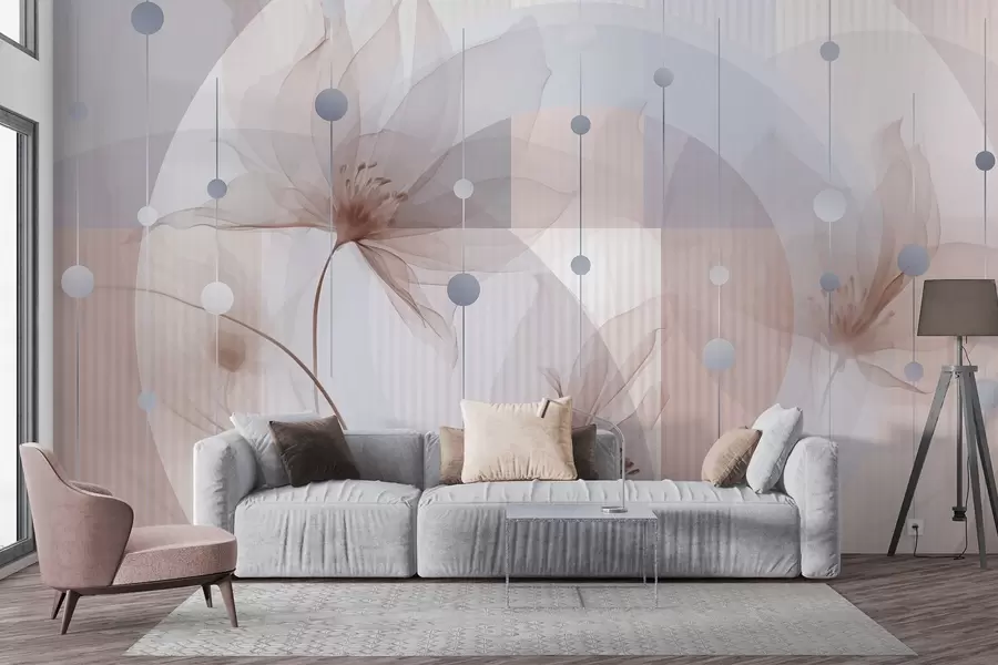 wall murals Abstract translucent flowers, circles and geometric shapes, pastel blue, brown and white color palette w09419v1