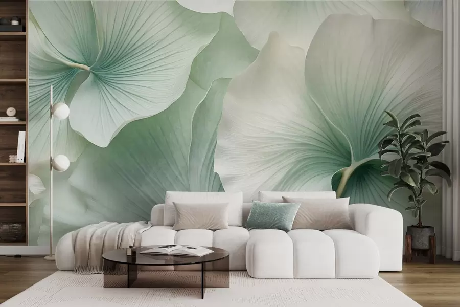 Wall Mural Photo Wallpaper White and green gingko leaves, soft  textured, abstract floral background, minimalist modern style w09421