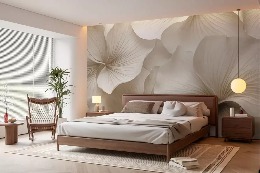 murales Hojas de ginkgo blancas y beige, textura suave, fondo floral abstracto, estilo minimalista moderno w09421v1