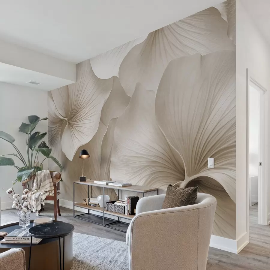 Wall Mural Photo Wallpaper White and beige gingko leaves, soft  textured, abstract floral background, minimalist modern style w09421v1