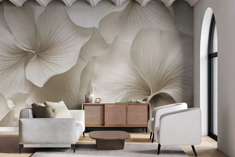 murales Hojas de ginkgo blancas y beige, textura suave, fondo floral abstracto, estilo minimalista moderno w09421v1