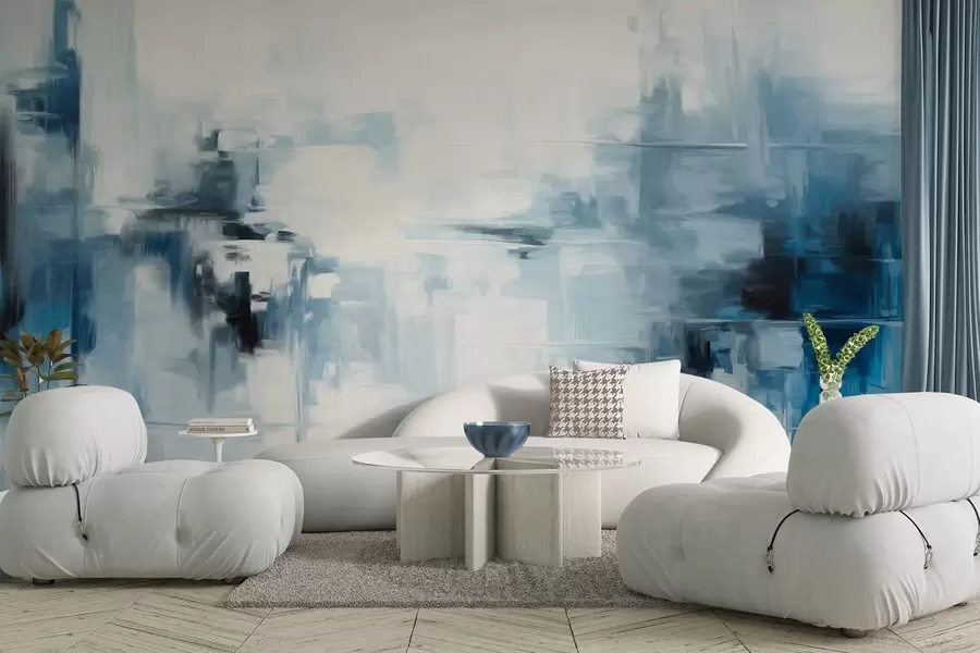 Wall Mural Photo Wallpaper Abstract textured landscape painting imitation with blue and white brushstrokes, modern style w09422