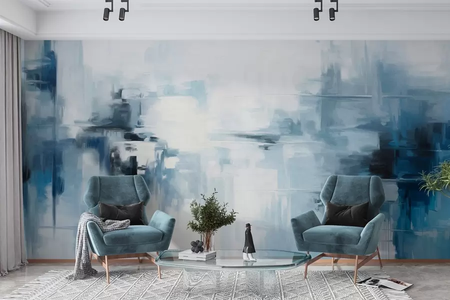 peintures murales Imitation de peinture abstraite texturée représentant un paysage, avec des coups de pinceau bleus et blancs, style moderne w09422