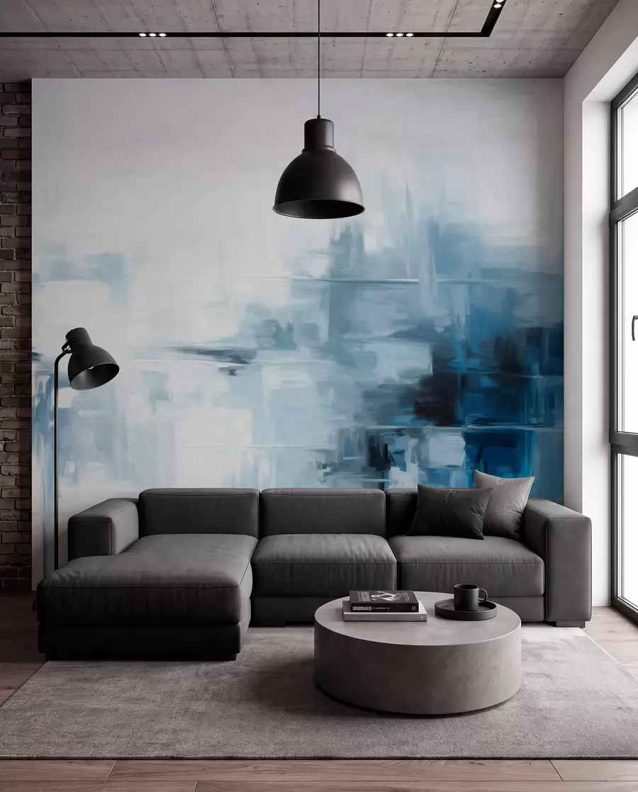 peintures murales Imitation de peinture abstraite texturée représentant un paysage, avec des coups de pinceau bleus et blancs, style moderne w09422