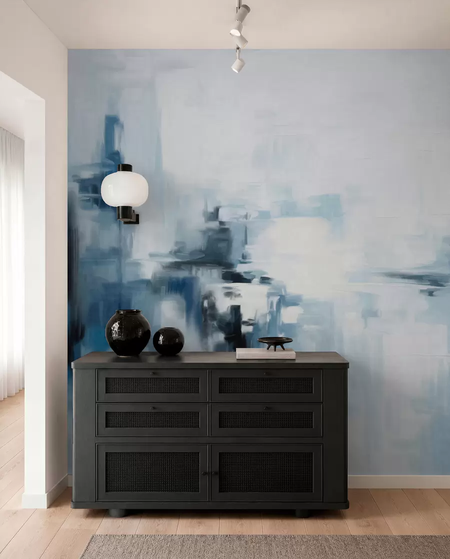 peintures murales Imitation de peinture abstraite texturée représentant un paysage, avec des coups de pinceau bleus et blancs, style moderne w09422