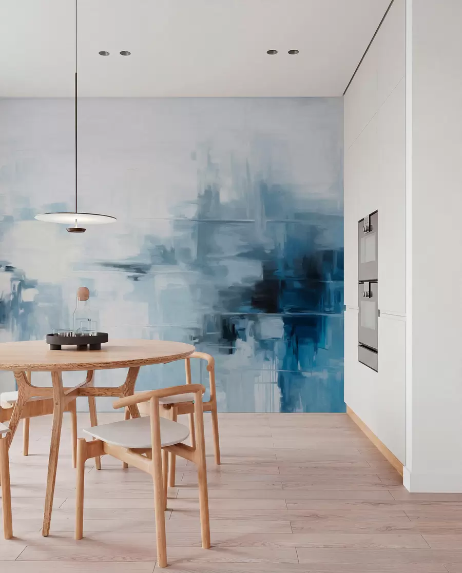 peintures murales Imitation de peinture abstraite texturée représentant un paysage, avec des coups de pinceau bleus et blancs, style moderne w09422
