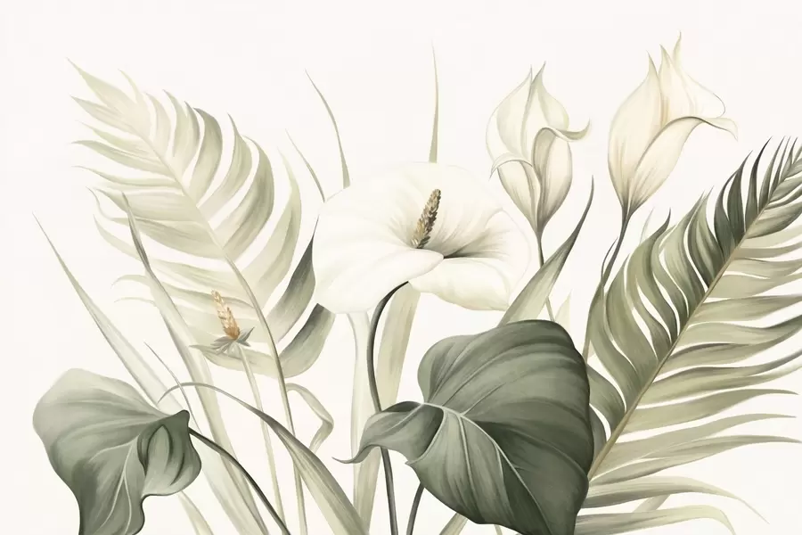peintures murales Lys calla blancs et feuilles tropicales vertes, illustration botanique, fond clair, style vintage, texturé w09423
