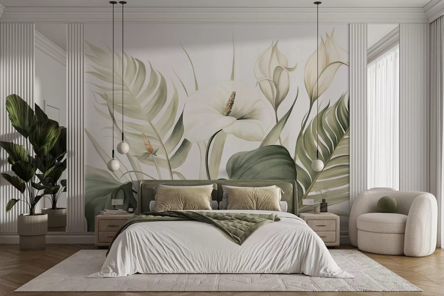 Wall Mural Photo Wallpaper White calla lilies and green tropical leaves, botanical illustration, light background, vintage style, textured w09423