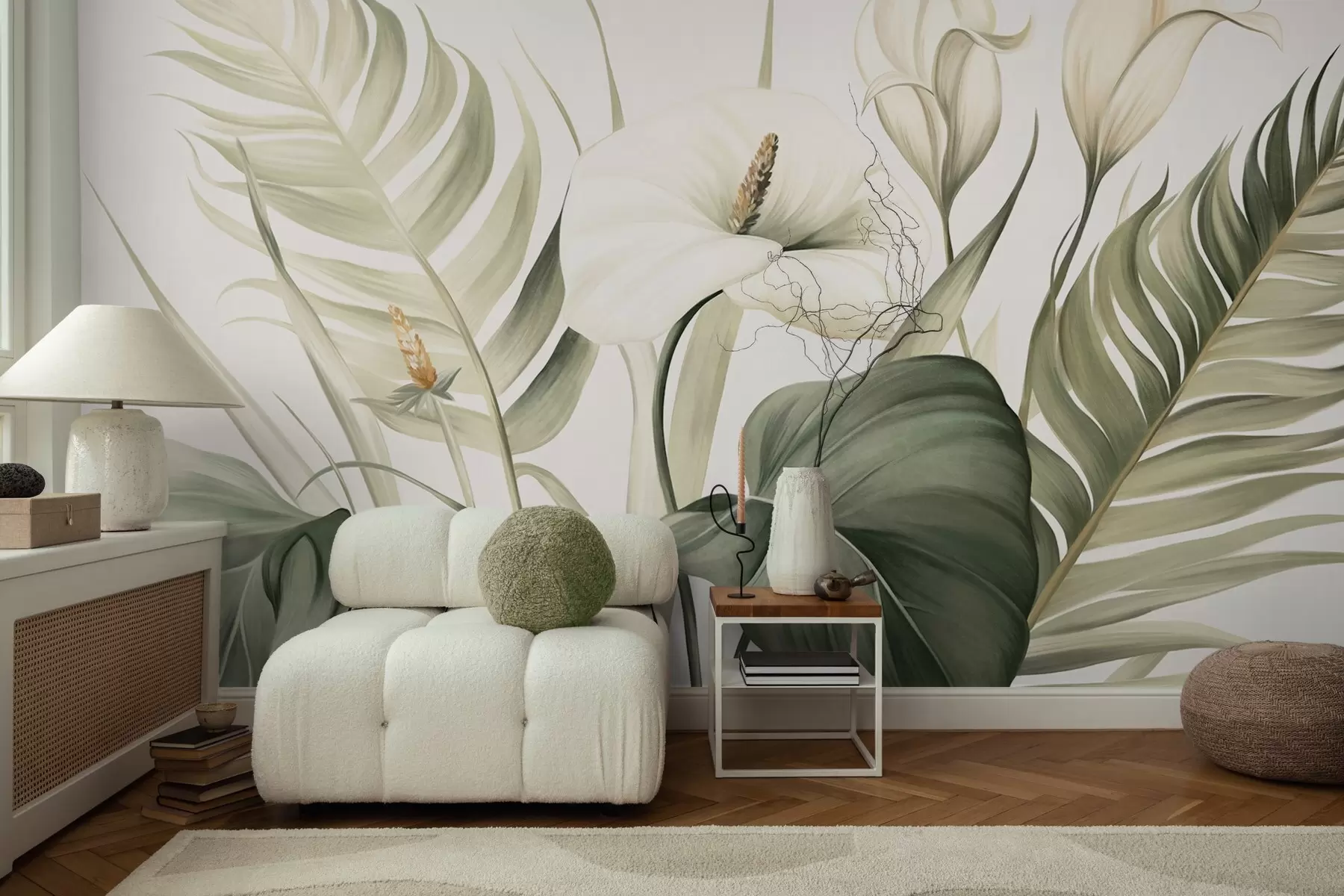 Wall Mural Photo Wallpaper White calla lilies and green tropical leaves, botanical illustration, light background, vintage style, textured w09423