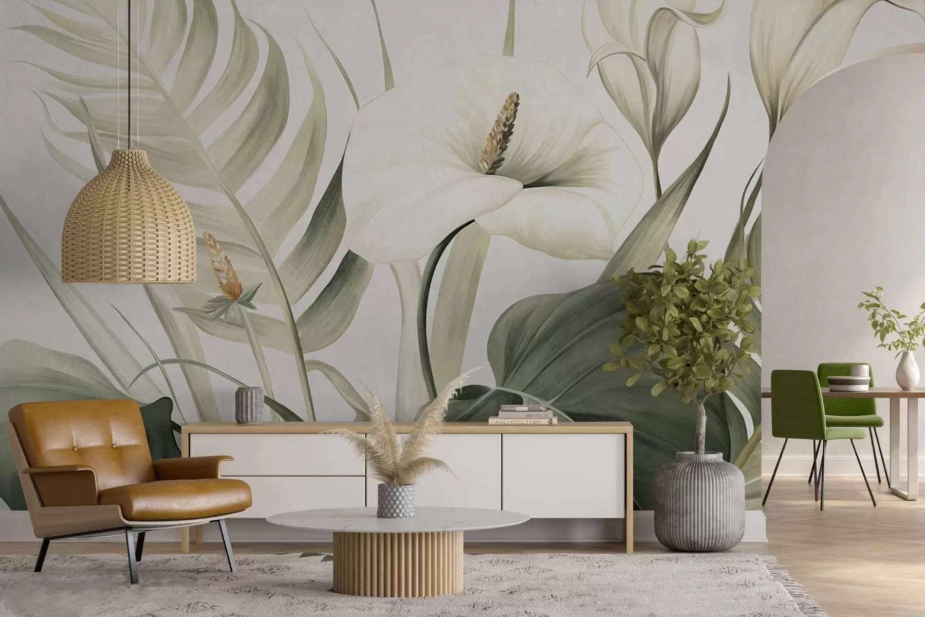 Wall Mural Photo Wallpaper White calla lilies and green tropical leaves, botanical illustration, light background, vintage style, textured w09423