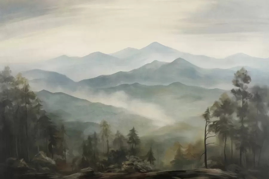 Wall Mural Photo Wallpaper Misty mountain range with trees, fog, cloudy sky, muted colors, landscape painting style w09424