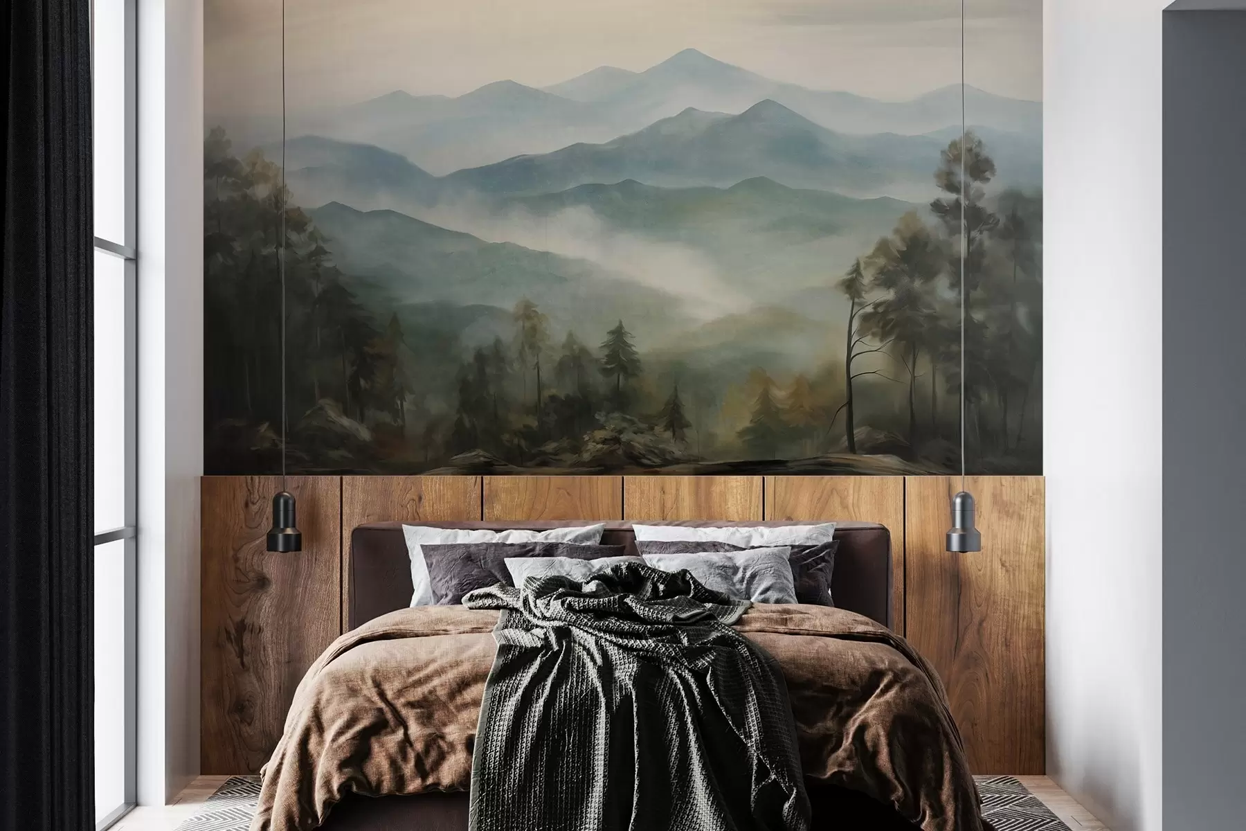 peintures murales Chaîne de montagnes brumeuse avec des arbres, du brouillard, un ciel nuageux, des couleurs sourdes, style peinture paysagère w09424