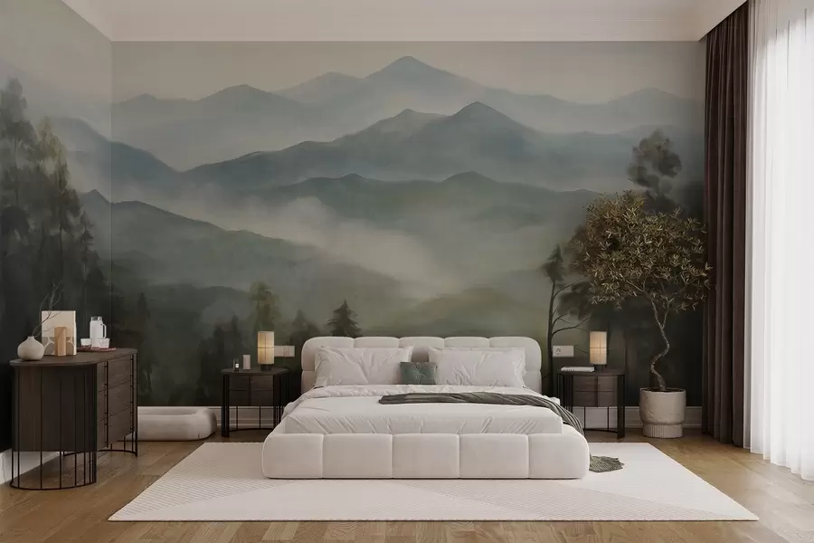 murales Cordillera brumosa con árboles, niebla, cielo nublado, colores apagados, estilo de pintura paisajística w09424