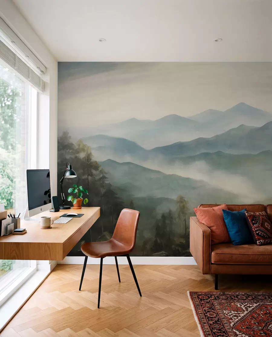 Wall Mural Photo Wallpaper Misty mountain range with trees, fog, cloudy sky, muted colors, landscape painting style w09424
