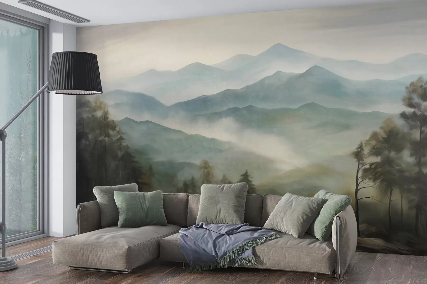 wall murals Misty mountain range with trees, fog, cloudy sky, muted colors, landscape painting style w09424