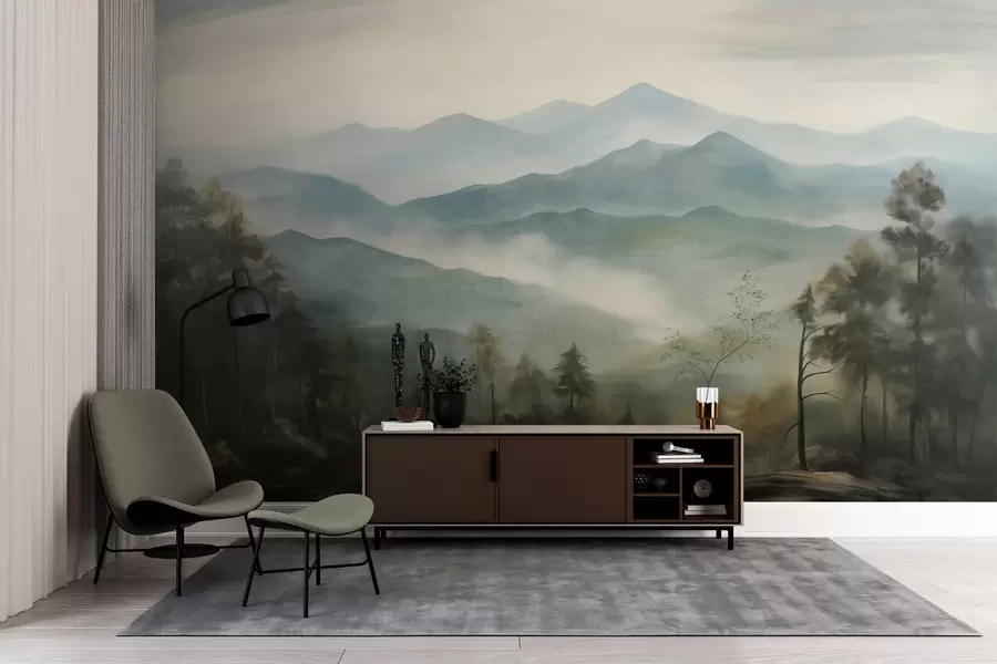 peintures murales Chaîne de montagnes brumeuse avec des arbres, du brouillard, un ciel nuageux, des couleurs sourdes, style peinture paysagère w09424