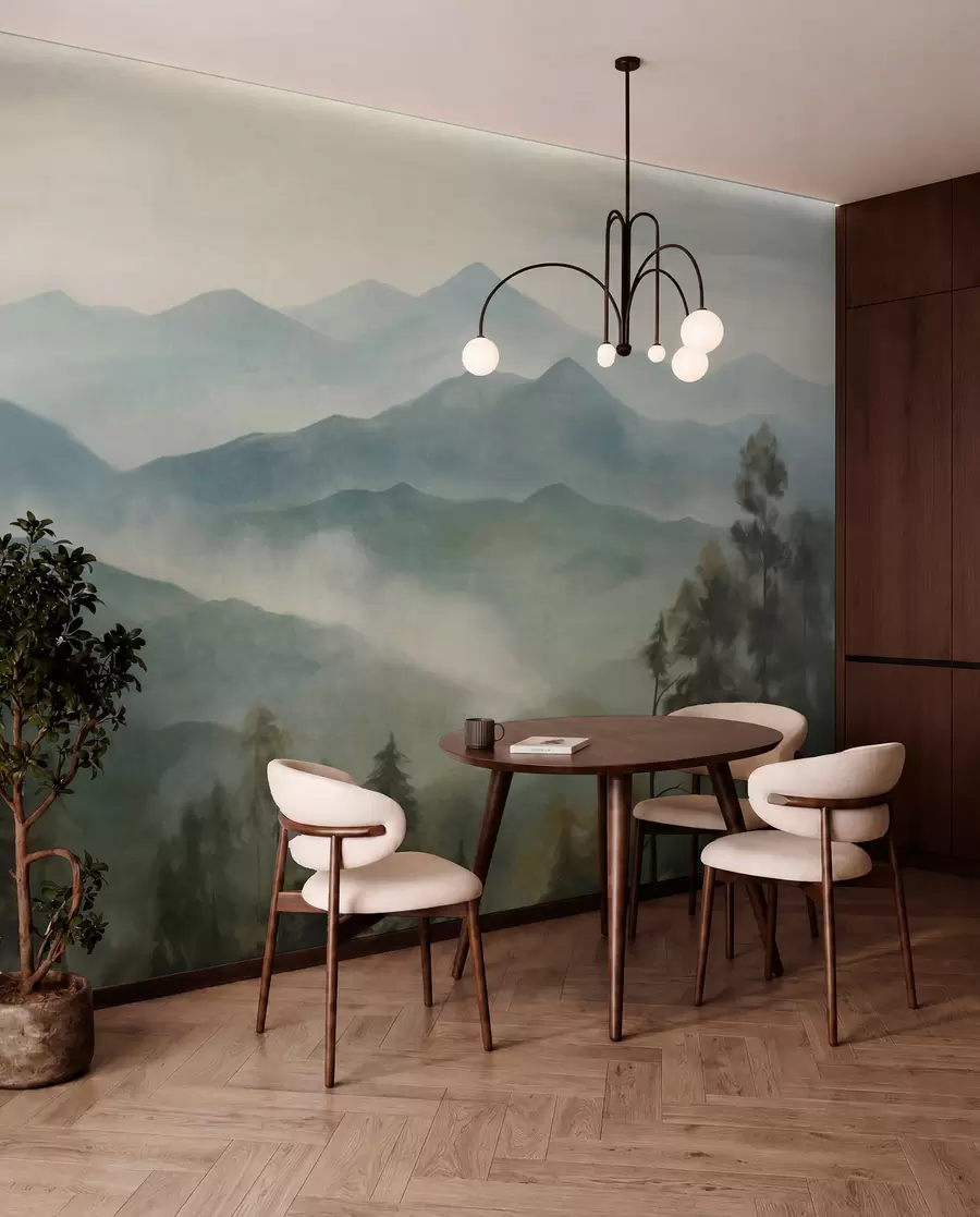 Wall Mural Photo Wallpaper Misty mountain range with trees, fog, cloudy sky, muted colors, landscape painting style w09424
