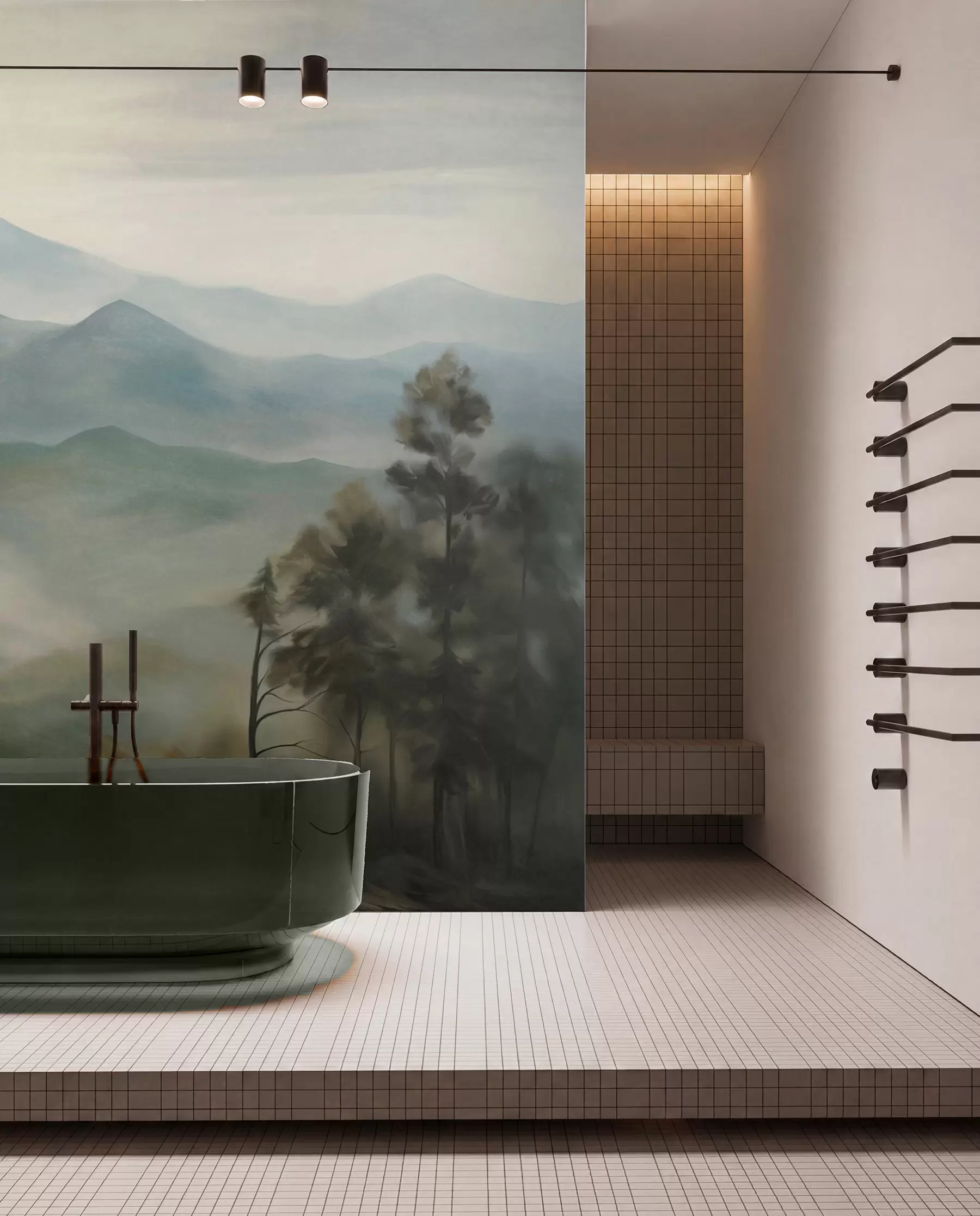 wall murals Misty mountain range with trees, fog, cloudy sky, muted colors, landscape painting style w09424