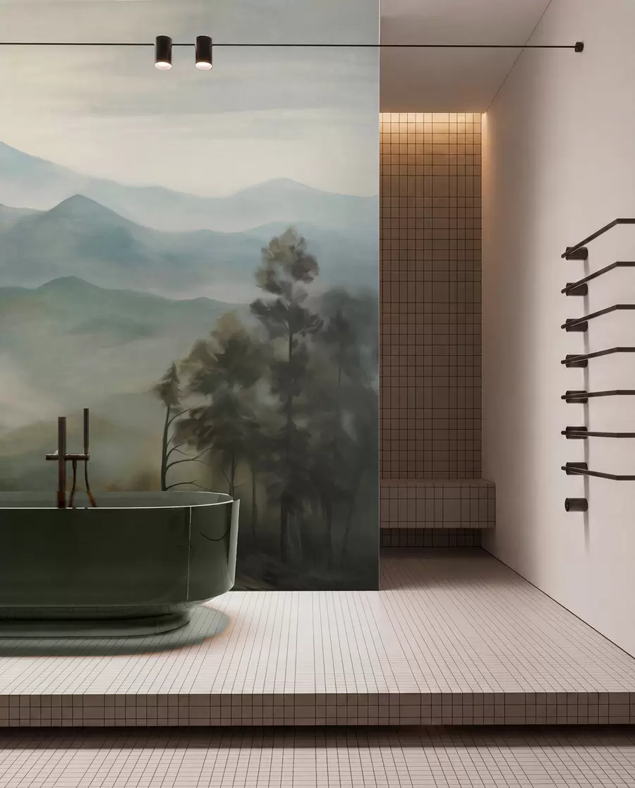 wall murals Misty mountain range with trees, fog, cloudy sky, muted colors, landscape painting style w09424