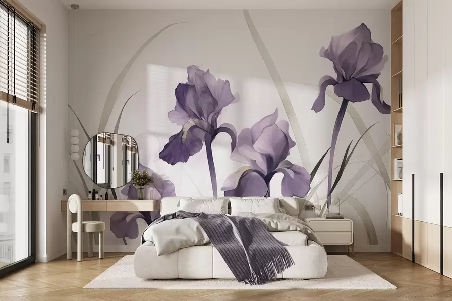 Wall Mural Photo Wallpaper Purple iris flowers with green stems, watercolor painting style, white background, soft colors, elegant, artistic w09425