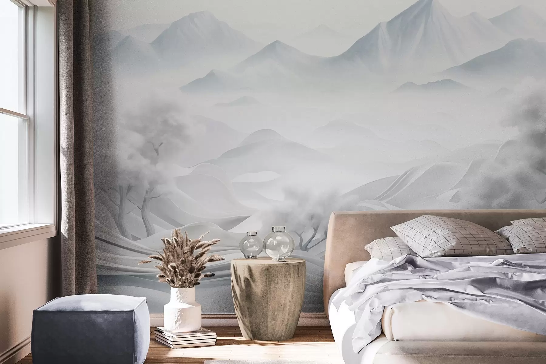 murais de parede Paisagem montanhosa decorativa abstrata com neve, árvores brancas e neblina, estilo minimalista texturizado w09426