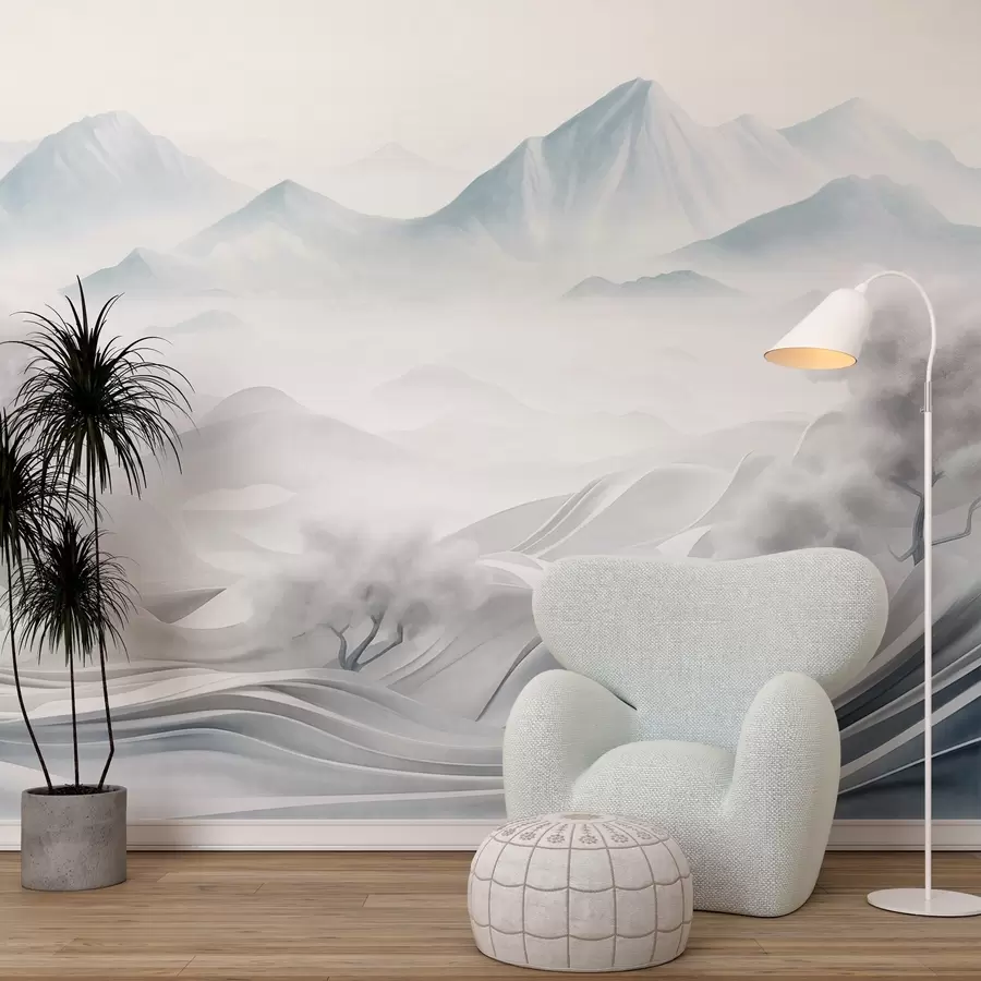 murales Paisaje montañoso abstracto nevado con árboles blancos y niebla, estilo minimalista con textura w09426