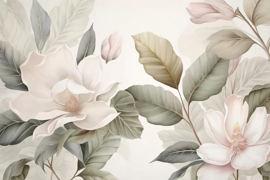 wall murals Magnolia flowers with leaves in pastel colors, white, pink and green, soft, delicate, watercolor style w09427