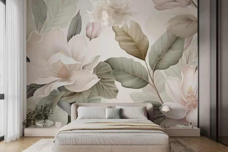 Wall Mural Photo Wallpaper Magnolia flowers with leaves in pastel colors, white, pink and green, soft, delicate, watercolor style w09427