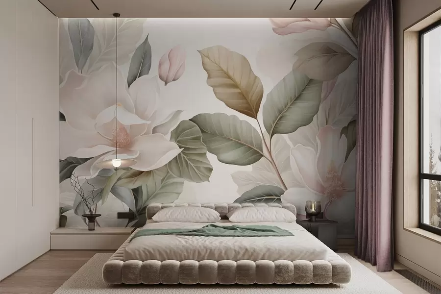 Wall Mural Photo Wallpaper Magnolia flowers with leaves in pastel colors, white, pink and green, soft, delicate, watercolor style w09427