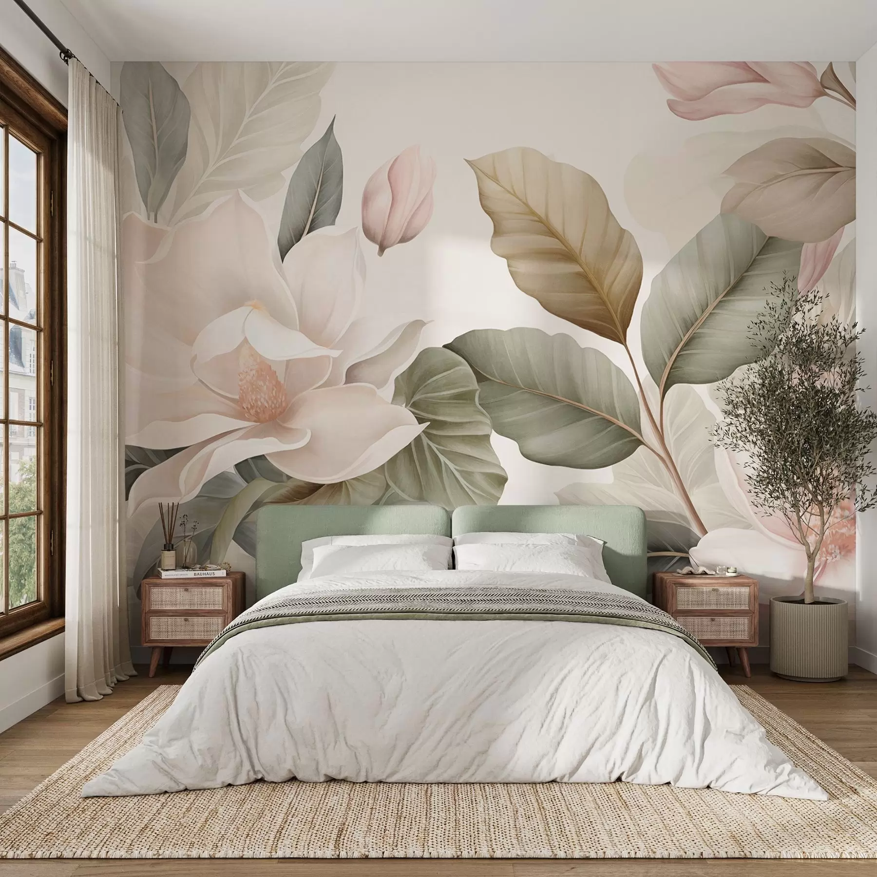 murales Flores de magnolia con hojas en colores pastel, blanco, rosa y verde, suaves, delicadas, estilo acuarela w09427