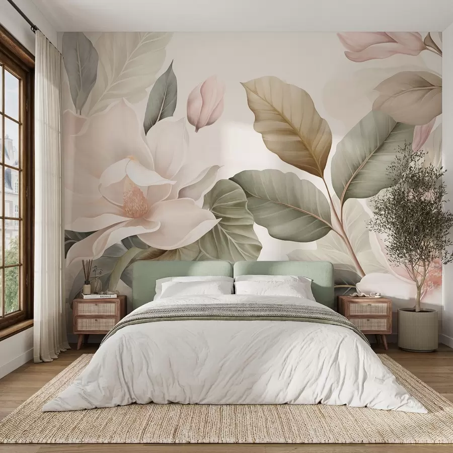 peintures murales Fleurs de magnolia avec des feuilles aux couleurs pastel, blanches, roses et vertes, douces, délicates, style aquarelle w09427