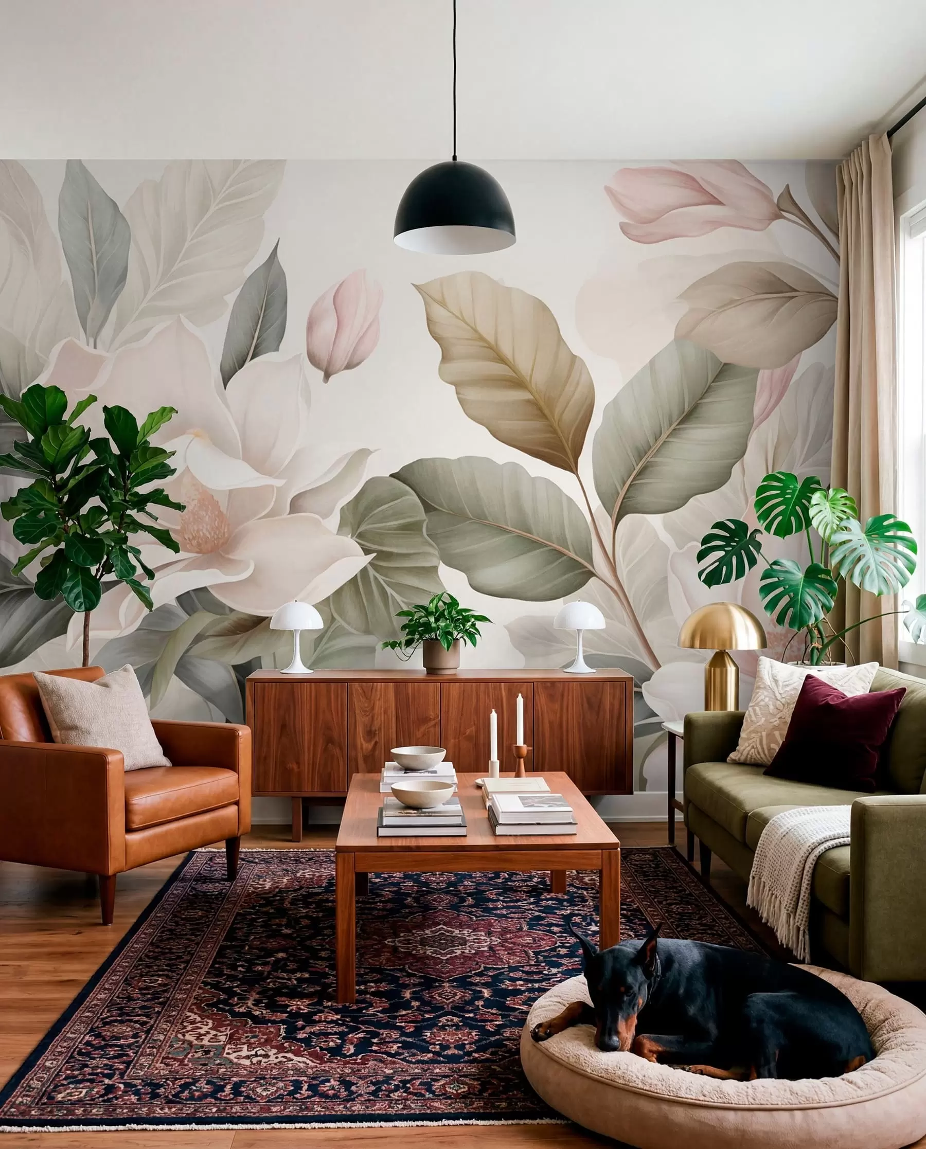 wall murals Magnolia flowers with leaves in pastel colors, white, pink and green, soft, delicate, watercolor style w09427